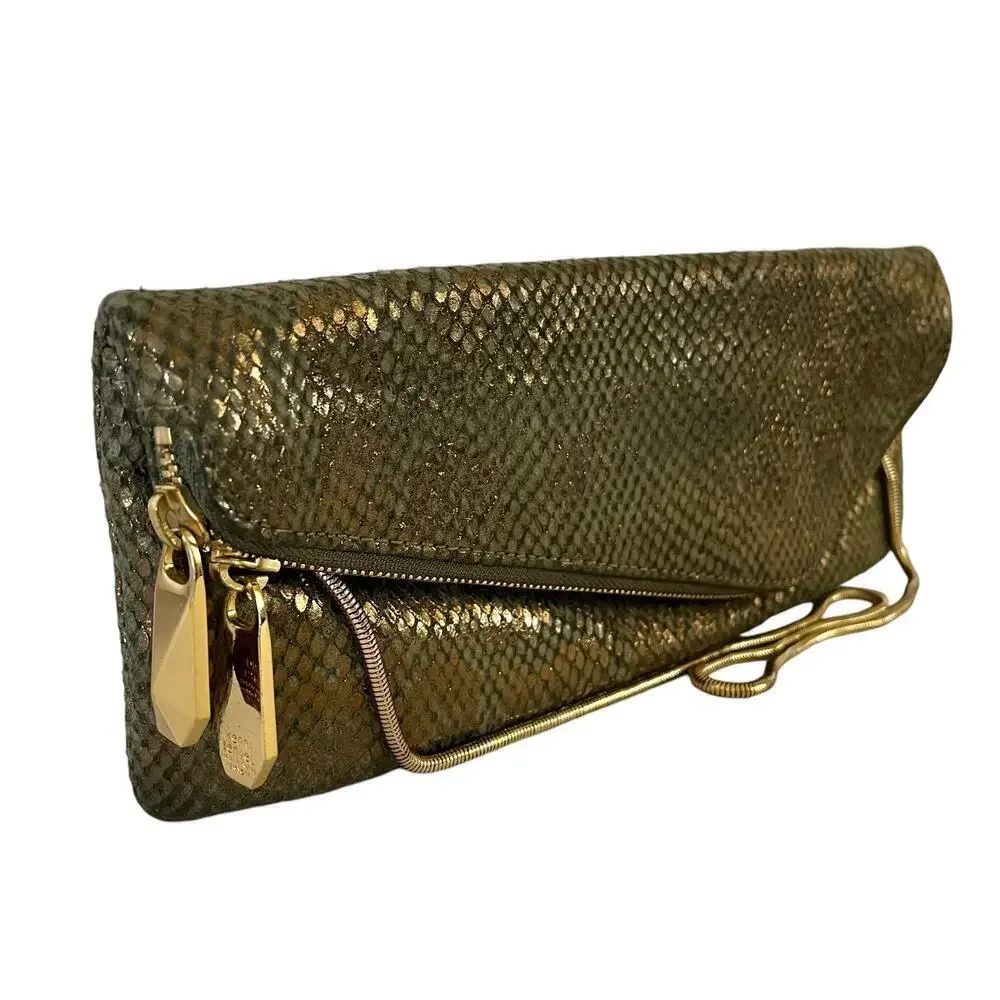 Henri Bendel Debutante Slim Metallic Snake Print Asymmetric Clutch Evening Bag
